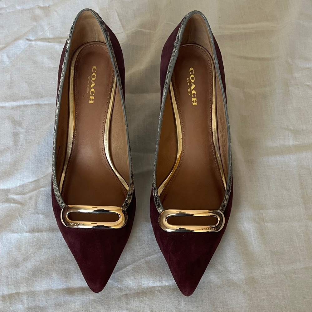 Coach Burgundy suede Heels with Gold Accent